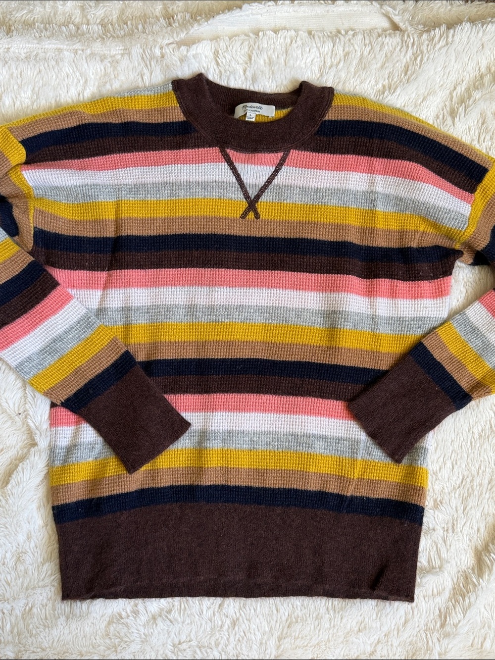 Madewell Striped Cashmere Sweater  Brown, Yellow, Pink, Navy & Cream